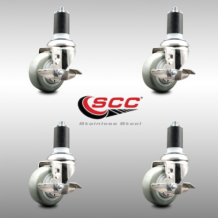 Service Caster 3 Inch 316SS Gray Poly Swivel 1-5/8 Inch Expanding Stem Caster Set Brake SCC SCC-SS316EX20S314-PPUB-TLB-158-4